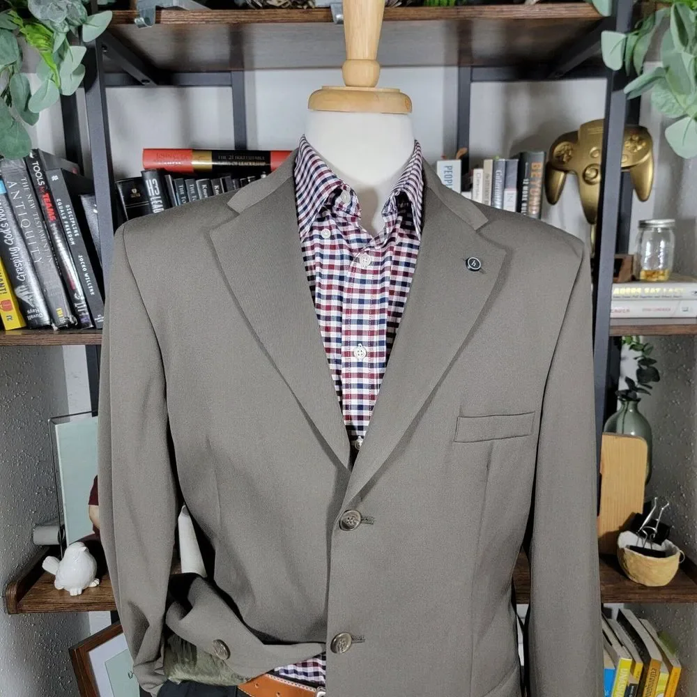 Haggar Men's Sport Coat Blazer Three‎ Button Dark Olive Poly Wool Blend 44L NEW